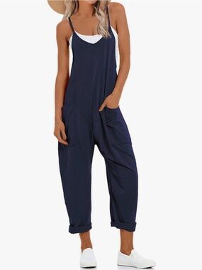 Casual Navy Spaghetti-Strap Baggy Jumpsuit with Pockets size small